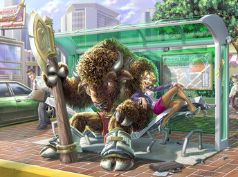 axe battle_axe building bus_stop city female group hooves horn male melee_weapon muscular under_shade weapon wrecked steeviewoo bison bovid bovine human mammal