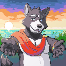 anthro black_nose blue_eyes brooch cape clothing cloud facial_piercing fur grey_body grey_fur hug inviting jewelry labret_piercing lip_piercing looking_at_viewer male multicolored_body multicolored_fur piercing plant reaching_towards_viewer sky smile smiling_at_viewer solo sunset two_tone_body two_tone_fur water ryu_noshinshi adastra adastra_(series) echo_project amicus_(adastra) canid canine canis mammal wolf 1:1 digital_media_(artwork) hi_res pixel_(artwork)