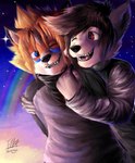 anthro clothing duo hair hug long_hair male one_eye_closed smile wink iaian_luxo_fox luxo_(iaian_luxo_fox) canid canine canis fox mammal wolf hi_res