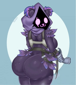 anthro arm_tuft armor big_breasts big_butt blue_background bodily_fluids bouncing_butt breasts butt clothing empty_eyes eye_scar facial_scar female fur gauntlets gloves handwear looking_at_viewer looking_back looking_back_at_viewer obscured_face pink_eyes purple_body purple_fur purple_hood rear_view scar shoulder_tuft simple_background solo sweat text thick_thighs tuft wide_hips shindortes epic_games fortnite raven_team_leader bear mammal 2d_animation animated motion_tweening no_sound short_playtime video