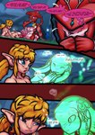 absurd_res blonde_hair blue_eyes blush breath_of_the_wild claws clothed clothing comic dialogue ear_piercing english_text erection female genitals hair hi_res humanoid hylian link male male/male mammal marine mipha multi_genitalia multi_penis nintendo nipples nude penis piercing prince_sidon raining spirit text the_legend_of_zelda topless vonboche water zora