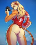 amber_eyes anthro binoculars blonde_hair breasts butt closed_smile clothing cloud cocked_hip female fur hair hand_on_hip heart_symbol life_preserver life_ring lifeguard lifeguard_swimsuit long_hair looking_at_viewer looking_back markings medium_breasts mouth_closed one-piece_swimsuit one-piece_thong one_hand_up outside raised_arm rear_view shirt side_boob sky smile solo striped_body striped_fur striped_markings striped_tail stripes swim_ring swimwear tail tail_markings thin_tail topwear juustus felid mammal pantherine tiger 4:5 hi_res portrait three-quarter_portrait