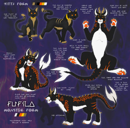 black_body black_fur chart claws collar feral forked_tail fur gold_(metal) gold_collar horn male markings metal_collar orange_eyes orange_markings orange_nose pawpads paws size_chart solo spines tail tan_body tan_fur unusual_anatomy unusual_tail white_body white_fur digitoxici celtic_mythology european_mythology mythology fufila_(fufila321) cat-sith demon demonic-dragon felid feline mammal absurd_res hi_res model_sheet