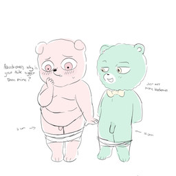 anthro belly blush bow_tie clothed clothing comparing comparing_penis duo genitals male male/male partially_clothed penis penis_size_comparison penis_size_difference pink_body slightly_chubby text underwear underwear_down arna_burko unicorn_wars achuchones_(unicorn_wars) gordi_(unicorn_wars) bear mammal 1:1 2023 english_text hi_res