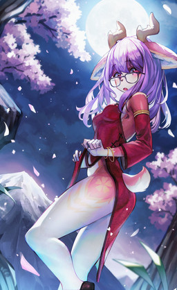 anthro antlers asian_clothing blush breasts butt cherry_blossom chinese_clothing chinese_dress clothed clothed_anthro clothed_female clothing clothing_lift dress dutch_angle east_asian_clothing eyewear female female_anthro flower fur glasses hair horn kemono low-angle_view moon night no_underwear plant prunus_(flower) scut_tail short_tail solo tail wearing_glasses gilmang deer mammal 2023 absurd_res digital_media_(artwork) hi_res