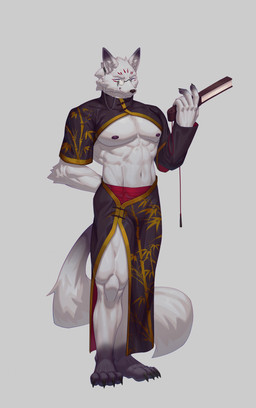 abs anthro areola arm_tuft asian_clothing barazoku biped black_claws chinese_clothing chinese_dress claws clothing dignified dress east_asian_clothing elbow_tuft eyes_closed eyewear fan_(object) feet finger_claws fingers forearm_muscles front_view hindpaw humanoid_hands lean_muscle male midriff monocle muscular muscular_anthro muscular_male navel nipples paws pecs pointy_ears quads serratus simple_background smile solo standing tuft white_background ronci arcane_shop mythology ah-jin_(arcane_shop) canid canine fox mammal mythological_canine mythological_creature mythological_fox 2025 absurd_res full-length_portrait hi_res portrait