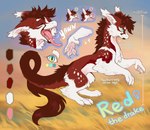 2024 blue_eyes claws dragon english_text eyes_closed female feral fur furred_dragon furred_scalie grey_claws hioshiru model_sheet mythological_creature mythological_scalie mythology red_body red_fur red_tail scalie solo tail teeth text tongue tongue_out white_body white_fur