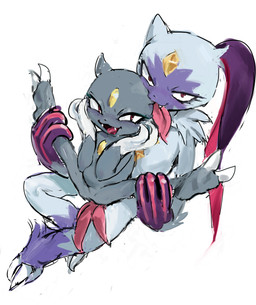 ambiguous_gender anthro bite duo ear_bite featureless_chest featureless_crotch slightly_chubby perokisu nintendo pokemon generation_2_pokemon generation_8_pokemon pokemon_(species) sneasel sneasler absurd_res hi_res
