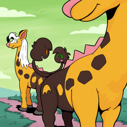 blue_eyes brown_body brown_fur cloud cloven_hooves duo fur grass green_sclera hooves living_tail male orange_sclera pink_nose plant sharp_teeth sky skyscape smile smiling_at_another spikes spikes_(anatomy) tail tail_head talking_to_another teeth tongue unusual_anatomy unusual_tail yellow_body yellow_fur trevor-fox nintendo pokemon kyp_(character) trevor-fox_(character) generation_2_pokemon girafarig pokemon_(species) 1:1 hi_res nonbinary_(lore)