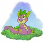 claws grass green_body green_eyes green_scales male outside pawpads paws plant purple_body purple_scales scales simple_background sitting sky solo spade_tail tail thiscrispykat friendship_is_magic hasbro my_little_pony spike_(mlp) scalie reaction_image