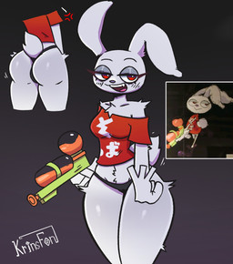 anthro beta_design big_butt black_clothing black_panties black_underwear breasts butt clothing eyelashes female front_view fur gradient_background grey_background grey_body grey_fur grey_nose holding_object holding_weapon looking_at_viewer one_ear_up open_mouth panties purple_background red_clothing red_eyes red_topwear simple_background solo thick_thighs topwear underwear weapon wide_hips krinsfon nintendo splatoon beta_inkling lagomorph leporid mammal rabbit absurd_res hi_res