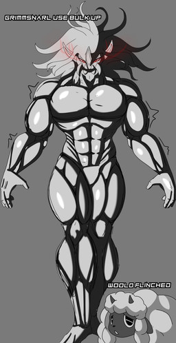 anthro aura fangs fur hair horn long_hair male muscular muscular_anthro muscular_male simple_background teeth text wool_(fur) worried regislowstart spring_art nintendo pokemon bovid generation_8_pokemon grimmsnarl humanoid mammal pokemon_(species) troll_(mythology) wooloo 2026 absurd_res digital_media_(artwork) hi_res meme monochrome