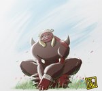 anthro brown_body brown_fur eyes_closed floppy_ears fur horn lips long_ears male sitting smile solo thick_lips xabimaruru bandai_namco digimon digimon_(species) wendigomon hi_res