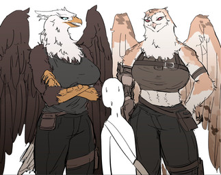 ambiguous_gender anthro beak belt_pouch big_breasts bottomwear breasts clothed clothed_female clothing crossed_arms feathered_wings feathers female fully_clothed fully_clothed_female group larger_anthro larger_female midriff muscular muscular_anthro muscular_female neck_tuft pants size_difference smaller_human trio tuft wings tanagi_boboboei accipitrid accipitriform avian bald_eagle barn_owl bird eagle human mammal owl sea_eagle tyto tytonid hi_res