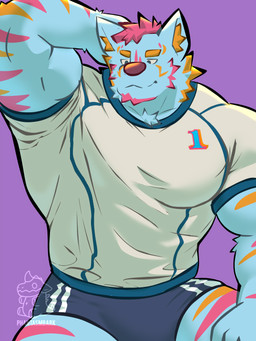 anthro barazoku black_bottomwear black_clothing black_shorts blue_body blue_fur bottomwear clothing fingers front_view fur hand_behind_head humanoid_hands inner_ear_fluff logo looking_down male muscular muscular_anthro muscular_arms muscular_male orange_body orange_fur pink_body pink_fur pose purple_background shorts simple_background smile solo tan_clothing tan_shirt tan_topwear text topwear tuft phantasmbark canid canine canis mammal wolf 3:4 artist_logo artist_name colored half-length_portrait hi_res portrait shaded watermark