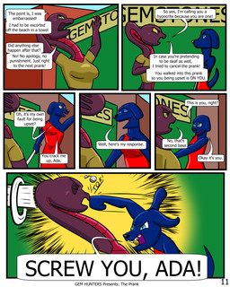 anthro blind building clothing cochlear_implant_processor deaf dialogue disability dress female punch shirt topwear walking_stick baristagamerproductions ada_(gem_hunters) queenie_(gem_hunters) canid canine mammal reptile scalie snake absurd_res comic hi_res