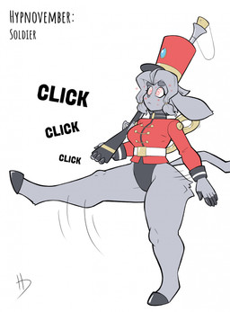 anthro antlers clicking clothed clothing cork female fur grey_body grey_fur gun hat headgear headwear holding_gun holding_object holding_ranged_weapon holding_rifle holding_weapon horn hypnosis kepi leotard marching military_uniform mind_control ranged_weapon rifle simple_background solo sound_effects spiral spiral_eyes tail text thick_thighs uniform weapon white_background hypnodoe hypnovember hypnovember2025 pseudoregalia sybil_(pseudoregalia) bovid caprine goat jackalope lagomorph leporid mammal rabbit 2025 digital_media_(artwork) english_text hi_res signature