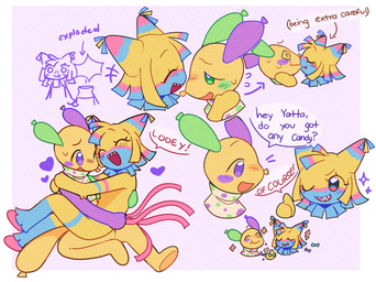 anthro balloon_animal blush blush_lines candy dessert duo female food hug kiss_on_lips kissing male male/female pinata popping streamers yellow_body anonymous_artist blushcrunch_studio dandy's_world roblox looey_(dandy's_world) yatta_(dandy's_world) animate_inanimate balloon_creature living_pinata toon_(dandy's_world) adversarial_noise hi_res