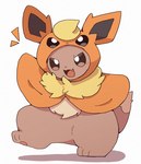 ambiguous_gender blush blush_lines bottomless brown_body brown_fur clothed clothing cosplay cute_fangs ears_up emanata fangs feral fur kemono narrowed_eyes on_one_leg open_:3 open_mouth orange_clothing raised_tail simple_background solo standing tail teeth topwear topwear_only tuft white_background ke_mo_suke nintendo pokemon eevee eeveelution flareon generation_1_pokemon pokemon_(species) 2025 digital_media_(artwork) hi_res shaded simple_shading