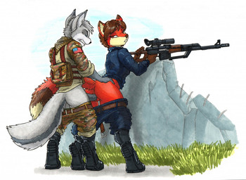 against_surface against_wall american_flag anthro anthro_on_anthro anthro_penetrated anthro_penetrating anthro_penetrating_anthro backpack big_penis boots bottomwear bottomwear_down brown_hair butt camo clenched_teeth clothed clothing debris duo female female_penetrated footwear from_behind_position fur genitals grass grey_body grey_fur grey_hair gun hair looking_back male male/female male_penetrating male_penetrating_female military narrowed_eyes orange_body orange_fur pants pants_down partially_clothed penetration penile penile_penetration penis penis_in_vagina plant ranged_weapon rifle seductive sex shoes sniper_rifle standing standing_sex tail teeth united_states_of_america vaginal vaginal_penetration vulva weapon ewgengster iris_(zepompom) canid canine canis fox mammal wolf 2019 traditional_media_(artwork)