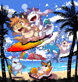 3_toes 4_fingers aged_down amber_eyes anal anal_penetration animal_genitalia anthro anthro_on_anthro anthro_penetrated anthro_penetrating anthro_penetrating_anthro ball balls beach beach_ball beach_umbrella belly bent_over beverage big_belly big_butt big_moobs big_penis big_tail black_body black_ears black_fur black_nose black_tail_tip blue_balls blue_body blue_fur blue_nose blue_skin blue_tail blush bodily_fluids brown_body brown_fur brown_hair brown_tail butt casual_nudity chair cheek_tuft chest_tuft chibi closed_smile cloud cum cum_splatter curvy_figure detailed_background dipstick_tail duo ejaculation erection eyewear facial_tuft feet feral fin fingers fish_tail flippers fluffy fluffy_tail from_behind_position fur furniture genital_fluids genitals glans glasses glistening glistening_balls glistening_eyes glistening_genitalia glistening_glans glistening_nipples glistening_penis gloves_(marking) green_eyes green_shell group hair hand_behind_head happy happy_sex head_tuft holding_beverage holding_glass holding_object horn humanoid_genitalia humanoid_penis hybrid_genitalia hybrid_penis inflatable leg_markings long_ears male male/male male_penetrated male_penetrating male_penetrating_male markings mismatched_genitalia mismatched_humanoid_penis mismatched_penis monotone_body monotone_fur monotone_skin moobs mouth_closed multicolored_body multicolored_fur multicolored_penis multicolored_skin navel nipples nude obscured_penetration on_chair open_mouth open_smile orange_tail outside overweight overweight_male palm_tree parasol pawpads penetration penile penis pink_glans pink_horn pink_nipples pink_pawpads pink_penis plant public public_nudity purple_body purple_ears purple_fur purple_hair rectangular_glasses red_hair sand seaside sex sheath sheathed_humanoid_penis shell short_tail sitting sitting_on_chair sky skyscape slightly_chubby slightly_chubby_anthro slightly_chubby_male smile snaggle_tooth snout socks_(marking) standing standing_sex sunglasses surfboard tail tail_markings tan_body tan_ears tan_penis tan_skin thick_penis toes tongue tree tuft two_tone_body two_tone_penis two_tone_skin two_tone_tail white_body white_ears white_fur white_inner_ear white_markings white_penis white_sclera white_skin white_tail wide_eyed young young_anthro young_male young_on_young young_penetrating chibineco mythology knavie_(k_navie) lavi_(k_navie) aquatic bear canid canine canis cetacean dolphin dragon fox mammal mustelid mythological_creature mythological_scalie oceanic_dolphin otter polar_bear red_fox scalie toothed_whale true_fox unknown_species ursine 2026 absurd_res colored detailed digital_drawing_(artwork) digital_media_(artwork) flat_colors hi_res shaded simple_shading