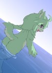 ahoge anthro butt butt_pose dutch_angle female female_anthro fur green_body green_fur hair kemono nude pose purple_eyes raised_tail sea solo tail water kiukiu absolute_(kiukiu) canid mammal hi_res