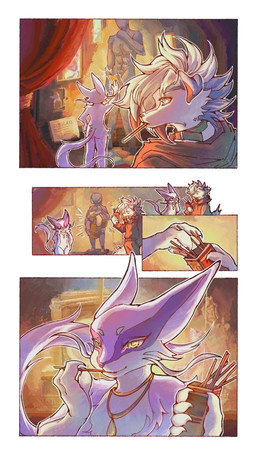 ambiguous_gender anthro black_bottomwear black_clothing black_hoodie black_pants black_topwear blue_body blue_eyes blue_fur bottomwear clothed clothing collar duo footwear fully_clothed fur hoodie jewelry necklace one_eye_obstructed pants paws pink_body pink_fur sculpture shoes snack spots tail topwear white_body white_fur yellow_eyes sovnia nintendo pokemon kian_(kianyemao) yemao_(kianyemao) canid canine felid feline generation_5_pokemon generation_7_pokemon liepard lycanroc mammal midnight_lycanroc pokemon_(species) shiny_pokemon 9:16 comic hi_res