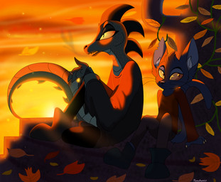 anthro clothed clothing duo female sitting smoking spines sunset plaguedogs123 night_in_the_woods bea_santello mae_borowski alligator alligatorid crocodile crocodilian domestic_cat felid feline felis mammal reptile scalie absurd_res hi_res