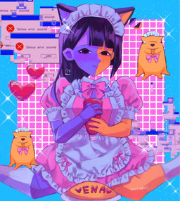 ambiguous_gender anime_style black_hair blue_body bow_ribbon breasts clothed clothing dress female feral food hair ketchup maid_headdress maid_uniform male multicolored_body not_furry omelette smile solo text two_tone_body uniform yellow_body usagimarumei ena_(series) ena_(web_series) ena_(joel_g) hourglass_dog_(ena) animal_humanoid canid canine cat_humanoid digital_creature ena_(species) felid felid_humanoid feline feline_humanoid humanoid mammal mammal_humanoid digital_media_(artwork) english_text hi_res