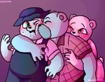 anthro arm_around_shoulders blue_body blush clothing group hat headgear headwear hug kissing male one_eye_closed overalls pink_body shirt slightly_chubby topwear tenienteamore unicorn_wars azulin's_father azulin's_mother rafa_(unicorn_wars) bear mammal 2023