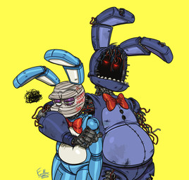 1_arm annoyed anthro bandage bandage_on_face bow_tie duo male missing_arm missing_face red_bow_tie smug wire furrllow five_nights_at_freddy's five_nights_at_freddy's_2 scottgames bonnie_(fnaf) toy_bonnie_(fnaf) withered_bonnie_(fnaf) lagomorph leporid mammal rabbit robot_anthro