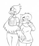 anthro beak blush breasts duo eye_patch eyewear female female/female hand_holding hooves horn nervous romantic romantic_couple winged_arms wings chochi critter_coven clara_hopper rosie_(critter_coven) avian bird bovid caprine cardinal_(bird) goat mammal oscine passerine monochrome