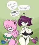 anthro areola areola_slip big_breasts blue_eyes bra breasts cleavage clothed clothing countershading dialogue duo electronics eyes_closed female game_console hair huge_breasts navel nipple_outline panties pink_hair purple_hair simple_background text underwear joelasko invader_zim nickelodeon nintendo nintendo_ds nintendo_ds_family vg_cats aeris_(vg_cats) gaz_membrane domestic_cat felid feline felis human mammal crossover english_text