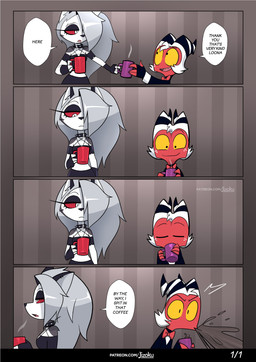 anthro beverage coffee coffee_mug collar dialogue drinking female male speech_bubble spit-take text jizoku hellaverse helluva_boss mythology loona_(helluva_boss) moxxie_(helluva_boss) canid canid_demon canine demon hellhound imp mammal mythological_canine mythological_creature 2023 absurd_res comic hi_res url