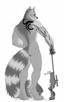 anthro arctic_warfare_(gun) eyebrows eyelashes gun male nude ranged_weapon simple_background smile solo standing tail weapon white_background taurusart canid canine canis domestic_dog mammal 2022 absurd_res digital_media_(artwork) hi_res monochrome