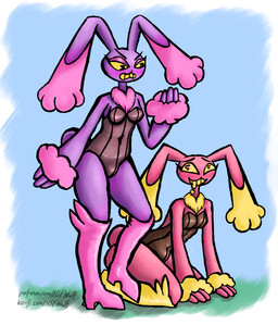 anthro bare_thighs blue_background blue_sky blush bodily_fluids boots breasts bulge bunny_costume clothing cosplay costume cuffs_(clothing) dewlap_(anatomy) drooling duo eyelashes footwear frown glaring glistening glistening_clothing grass gynomorph heart_eyes heart_symbol holidays intersex intersex/intersex knee_boots knee_highs kneeling legwear long_eyelashes looking_at_another looking_at_partner pink_body plant playboy_bunny pokemon_costume purple_body saliva scowl selfcest shoes simple_background sky square_crossover standing text thick_thighs yellow_eyes nsfwulf easter glitch_productions ko-fi nintendo patreon pokemon the_amazing_digital_circus evil_jax_(tadc) jax_(tadc) generation_4_pokemon lagomorph lopunny mammal pokemon_(species) absurd_res hi_res url trans_(lore) trans_woman_(lore)