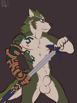 animal_genitalia anthro anthrofied arm_tattoo arm_tuft athletic athletic_male balls black_nose blue_eyes brown_body brown_fur cheek_tuft chest_tuft ear_piercing facial_tattoo facial_tuft fierce fully_sheathed fur genitals green_body green_fur holding_melee_weapon holding_object holding_sword holding_weapon looking_aside male master_sword medium_hair melee_weapon navel nipples nude nude_anthro nude_male pecs piercing pink_nipples scabbard sheath shoulder_tuft simple_background solo standing sword tail tattoo tuft unsheathing_sword unsheathing_weapon weapon whisker_spots white_body white_fur white_inner_ear ventkazemaru nintendo the_legend_of_zelda link_(wolf_form) canid canine canis mammal wolf 2025 dated hi_res portrait signature three-quarter_portrait
