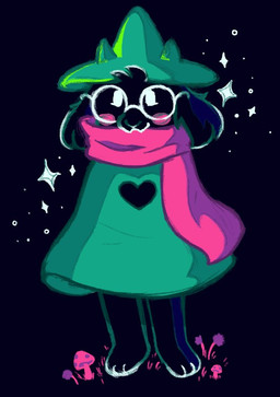 anthro barefoot biped black_body black_fur blush clothed clothing eyewear feet floppy_ears fungus fur glasses hat headgear headwear heart_symbol looking_at_viewer male mushroom robe scarf sharp_teeth smile solo sparkles standing teeth white_eyes comfygoblin deltarune undertale_(series) ralsei bovid caprine darkner goat mammal 2018
