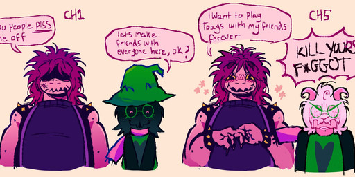 angry anthro blush character_development clothing duo eyewear female glasses hat headgear headwear humor male slur text wizard_hat capteye deltarune undertale_(series) ralsei susie_(deltarune) bovid caprine goat mammal scalie english_text hi_res