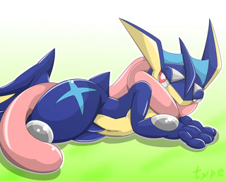 ambiguous_gender anthro blue_body gradient_background green_background lying navel outline pupils red_eyes simple_background solo white_pupils type nintendo pokemon amphibian generation_6_pokemon greninja pokemon_(species) 2015