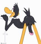 anthro anus balls bedroom_eyes big_penis black_body black_feathers bubble_butt butt feathers genitals looking_at_viewer looking_back looking_back_at_viewer male narrowed_eyes nude open_mouth penis seductive simple_background solo white_background cyancoyote looney_tunes warner_brothers daffy_duck anatid anseriform avian bird duck hi_res