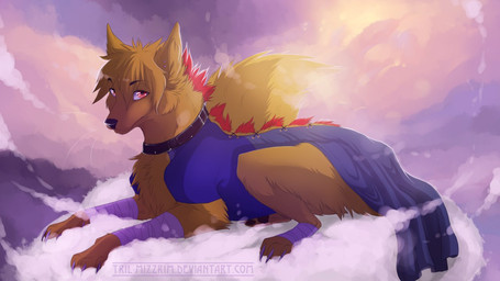 black_nose claws clothed clothing cloud collar day feet feral fur hair hindpaw looking_at_viewer male orange_body orange_fur orange_hair outside paws pink_eyes sky solo sun tril-mizzrim canid canine canis mammal wolf 16:9 widescreen
