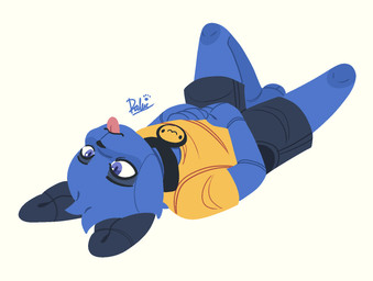 anthro barefoot black_collar black_nose blep blue_eyes bottomwear clothing collar feet fur grey_body grey_bottomwear grey_clothing grey_fur grey_shorts hand_on_belly looking_up lying male on_back pupils shirt shorts simple_background solo tongue tongue_out topwear white_background yellow_clothing yellow_shirt yellow_topwear dalueart dalue_(dalueart) canid canine canis domestic_dog mammal hi_res