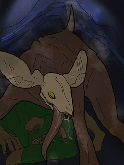 anthro antlers bent_over bodily_fluids bone brown_body brown_fur brown_skin cave clothing duo feral forced fur green_clothing green_robe headgear headwear horn long_tongue male male/male rape robe saliva sex skull steam teeth tongue yellow_eyes yellow_teeth smolt canid canine mammal hi_res