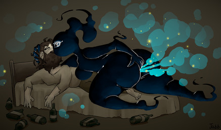 barefoot beard bed big_butt black_body blue_fart_cloud bottle bottomwear breasts brown_background brown_beard brown_bottomwear brown_clothing brown_facial_hair brown_hair brown_pants butt clothing container duo eyebrows eyelashes facial_hair fart fart_cloud feet female furniture hair hand_on_butt hand_on_head kissing looking_back male male/female nude on_bed pale_skin pants simple_background text white_eyebrows white_eyelashes white_eyes jubb human humanoid mammal shadow_creature 2024 artist_name