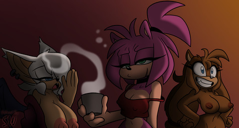 anthro beverage big_breasts breasts coffee female nipples nude tired bigdad shadowwalk third-party_edit sega sonic_boom sonic_the_hedgehog_(series) amy_rose amy_rose_(bigdad) rouge_the_bat sticks_(bigdad) sticks_the_jungle_badger badger bat eulipotyphlan hedgehog mammal mustelid musteline color_edit colored hi_res