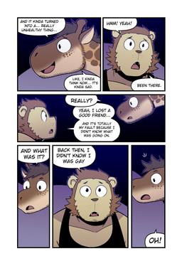 black_clothing black_shirt black_topwear brown_body brown_hair clothing cute_fangs dialogue duo eye_contact fangs front_view hair horn looking_at_another looking_up male ossicone serious shirt side_view six_frame_image stated_homosexuality stated_sexuality surprised tank_top teeth text topwear yellow_body t0l0k andrew_(t0l0k) scott_(t0l0k) felid giraffe giraffid lion mammal pantherine comic english_text hi_res multiple_scenes