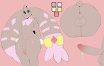 anthro backsack balls big_butt big_ears black_eyes bodily_fluids brown_body brown_fur butt color_swatch ear_accessory erection fur genital_fluids genitals horn looking_at_viewer male perineum pink_background pink_body precum simple_background smile solo thick_thighs wide_hips blazethefox bandai_namco digimon percy_(blazethefox) digimon_(species) turuiemon 2023 absurd_res hi_res model_sheet