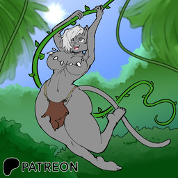 anthro bottomwear breasts claw_necklace clothed clothing female fur grey_body grey_fur loincloth plant solo sun swing topless tree vines wide_hips hayakain tasha_(hayakain) domestic_cat felid feline felis mammal 1:1