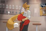 anthro askart bar bottomwear breasts brown_body brown_fur canid canine clothed clothing clown clown_costume clown_shoes dipstick_tail duo female female_on_human fluffy fluffy_tail fox fully_clothed fur glass hi_res human human_on_anthro interspecies kissing male male/female male_on_anthro mammal markings pants sex shirt side_boob space_station_13 stand_and_carry_position standing standing_sex suspenders tail tail_markings topwear trixi_the_clown